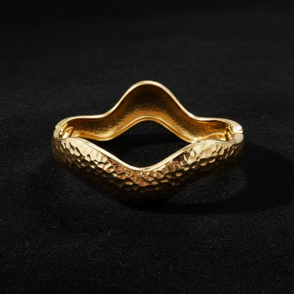 Gold_Plated_Brass_Hammered_Finish_Wavy_Sculptural_Bangle_Bracelet_For_Women